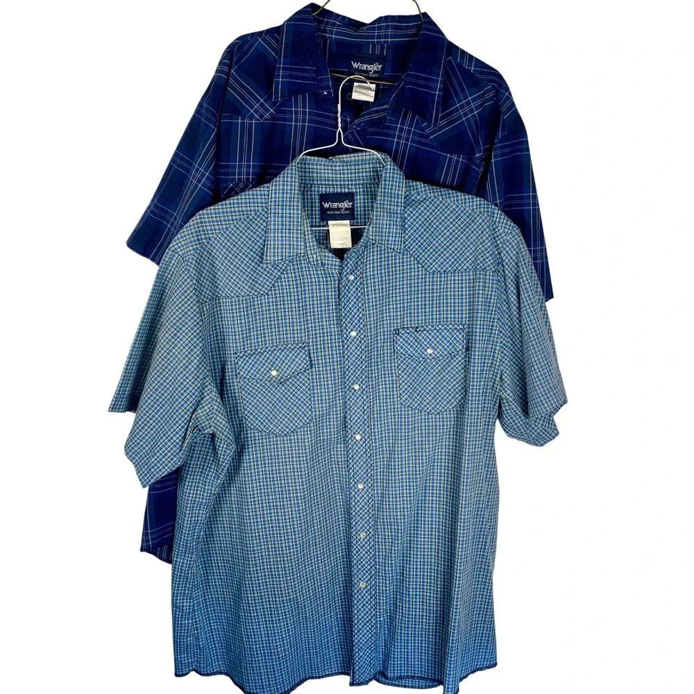 Lot of 2 Wrangler‎ 2XLT Tall Pearl Snap Western Shirts Blue Plaid Short Sleeves